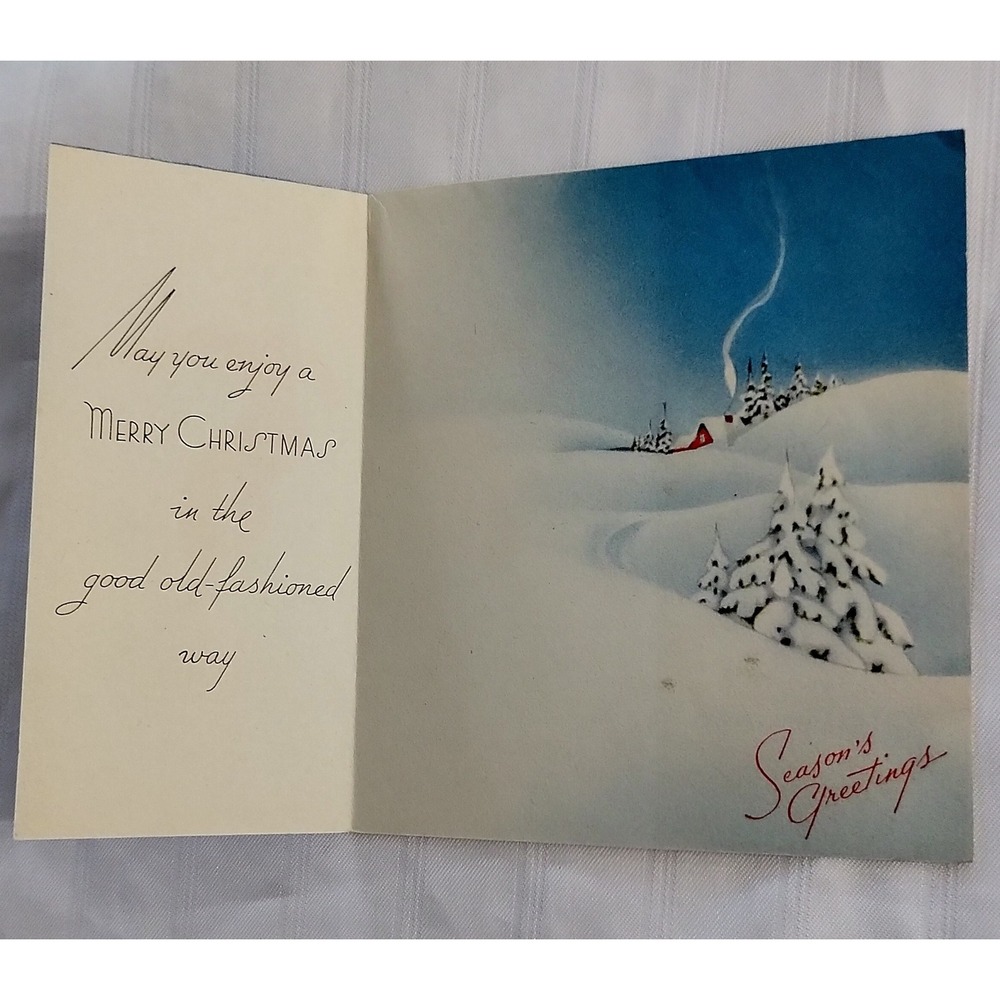 Vintage Mid Century Christmas Card Skiing Woman Red Outfit Unused Made in USA - Picture 2 of 5